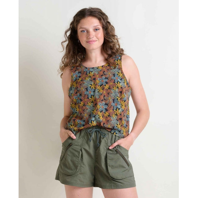 Toad&Co Womens Sunkissed Button Back Tank Black Floral Dot Print